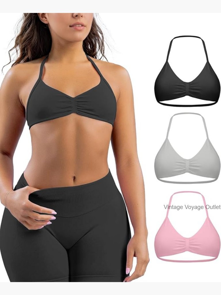 3 Pack Strappy Bras Halter Seamless Open Back Sports Bralette Crop Top With